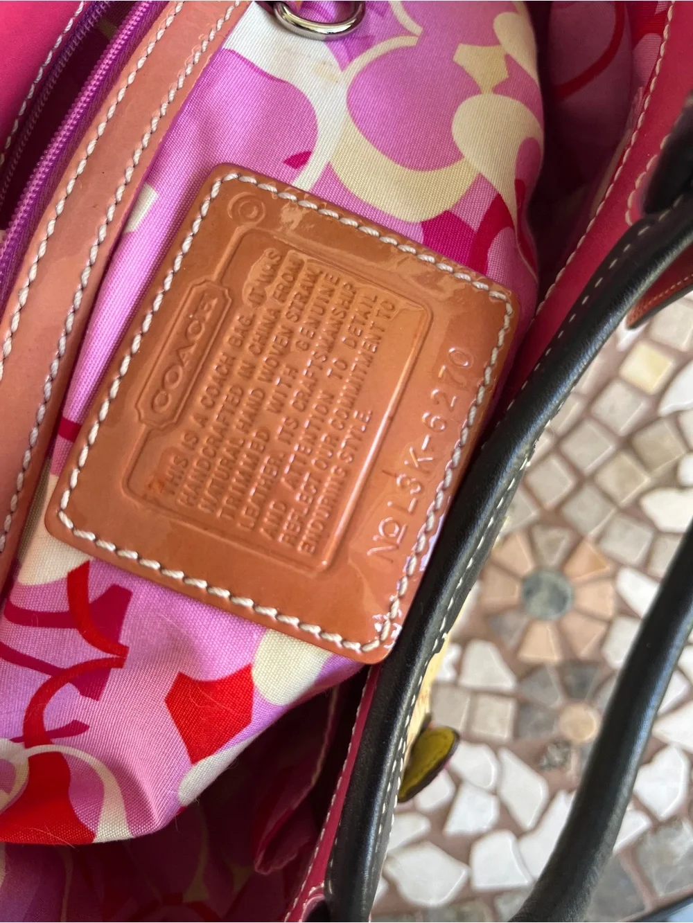 Coach Straw Tote with Black Leather Trim and Pink Accents